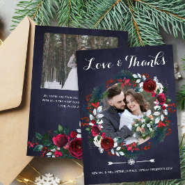 素朴クリスマスのバーガンディフローラの結婚写真 サンキューカード