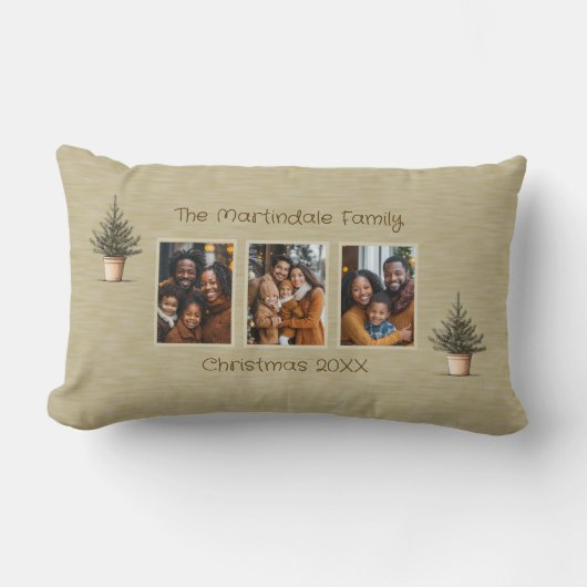素朴クリスマスの木の写真パーソナライズされた3 ランバークッション (正面)