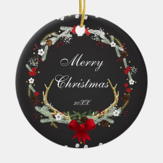 素朴クリスマスアントラーリースホリデーカスタム セラミックオーナメント (正面)