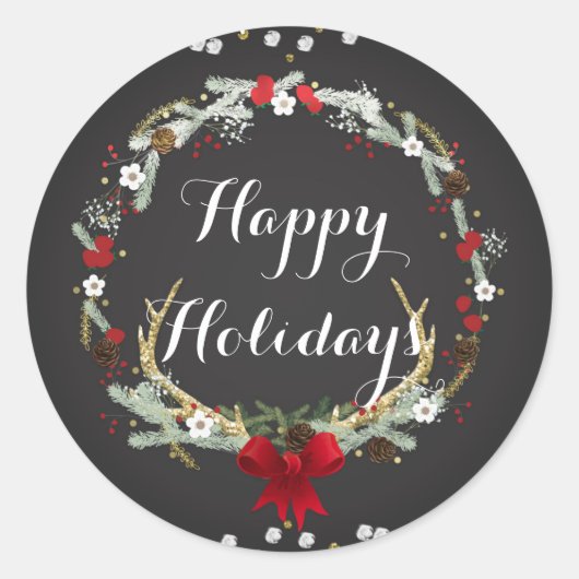 素朴クリスマスアントラーリースホリデーパーティーフェイバー ラウンドシール (正面)