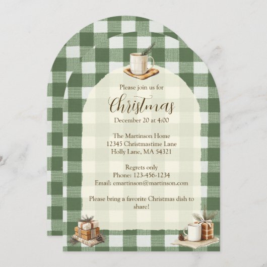 素朴クリスマスギフトマググリーンジンガムアーチ 招待状 (正面/裏面)