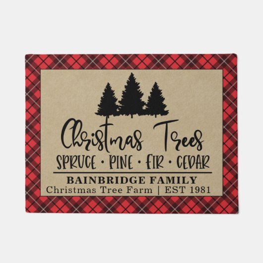 素朴クリスマスツリーファームレッドプレイドファミリー名 ドアマット (正面)