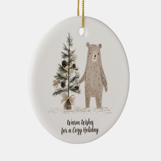 素朴クリスマスツリー付きウッドランドベア セラミックオーナメント (右)