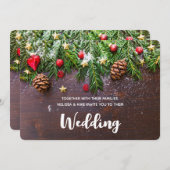 素朴クリスマステーブルとパイン&スノー結婚 招待状 (正面/裏面)