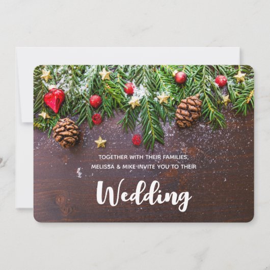 素朴クリスマステーブルとパイン&スノー結婚 招待状 (正面)