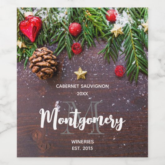素朴クリスマステーブルに松と雪のワインを作る ワインラベル (シングルラベル)