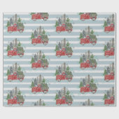 素朴クリスマストラックの木々青ストライプの ラッピングペーパー (フラット)