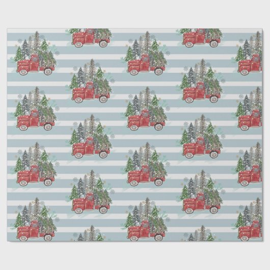素朴クリスマストラックの木々青ストライプの ラッピングペーパー (フラット)