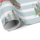 素朴クリスマストラックの木々青ストライプの ラッピングペーパー (ロールコーナー)