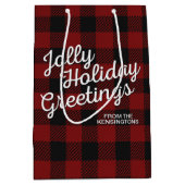 素朴クリスマスバッファロープレイドホリデーグリーティング ミディアムペーパーバッグ (正面)