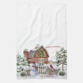 素朴クリスマスバーンシーン雪だるま、雪、鳥 キッチンタオル (縦)