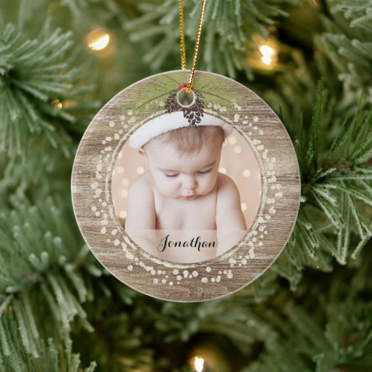 素朴クリスマスパインブランチ&ベリーウッドグレイン セラミックオーナメント (ツリー)