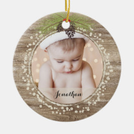 素朴クリスマスパインブランチ&ベリーウッドグレイン セラミックオーナメント