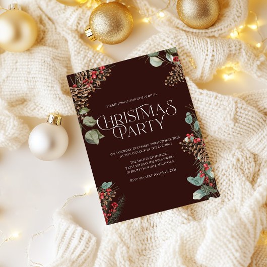 素朴クリスマスパーティー招待状 | ブルガンディホリデー シーズンカード