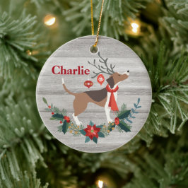 素朴クリスマスビーグル犬〔雄ジカの〕枝角緑 セラミックオーナメント