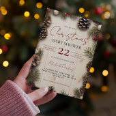 素朴クリスマスピネコーンベリーウッドベビーシャワー 招待状