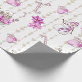 素朴クリスマスピンク雪だるまと雪片 ラッピングペーパー (角)