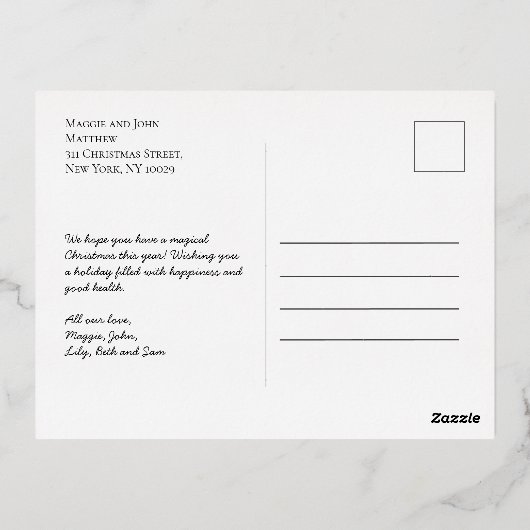 素朴クリスマスファミリーフォトコラージュ金箔 箔シーズンポストカード (裏面)