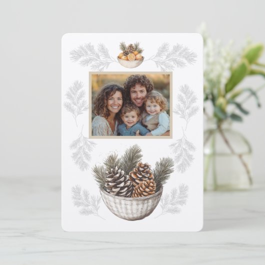 素朴クリスマスファミリー写真松の枝コーン シーズンカード (スタンド正面)