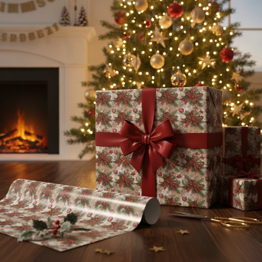 素朴クリスマスファームハウスコージーホリデー ラッピングペーパー