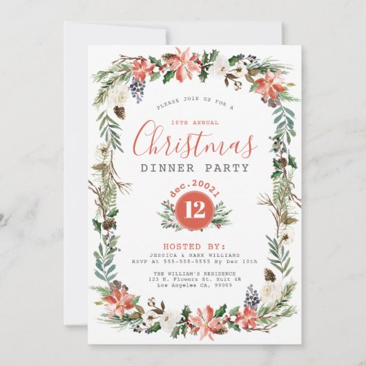 素朴クリスマスフラワーフレームパーティの招待状 招待状 (正面)