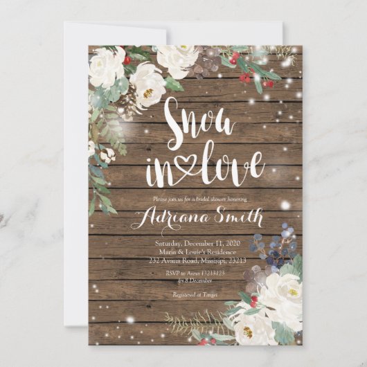 素朴クリスマスフローラスノーインラブブライダルシャワー 招待状 (正面)
