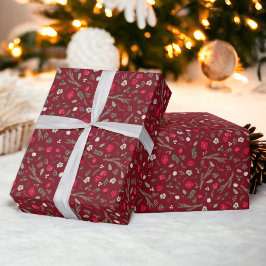 素朴クリスマスフローラ赤い水の色のパターン ラッピングペーパー