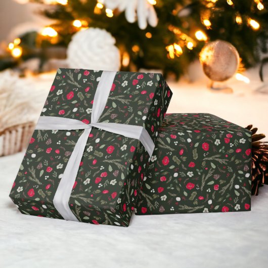素朴クリスマスフローラ赤い水の色のパターン ラッピングペーパー