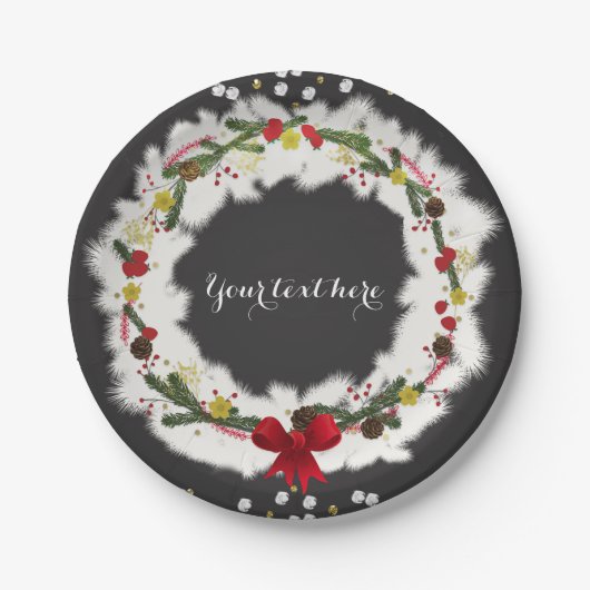 素朴クリスマスホワイトパインリースホリデーパーティー ペーパープレート (正面)