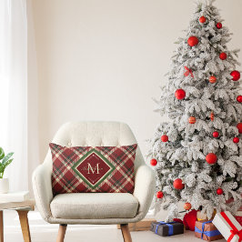 素朴クリスマスモノグラムレッドグリーンプレイド ランバークッション