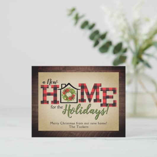 素朴クリスマスリースプレイドウッドニューホームムービング ポストカード (スタンド正面)