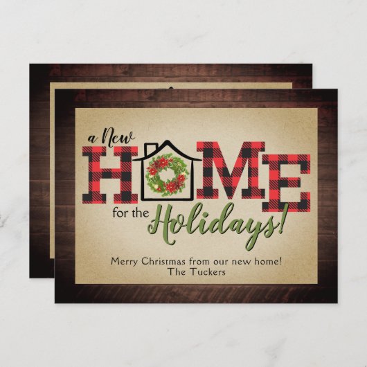 素朴クリスマスリースプレイドウッドニューホームムービング ポストカード (正面/裏面)