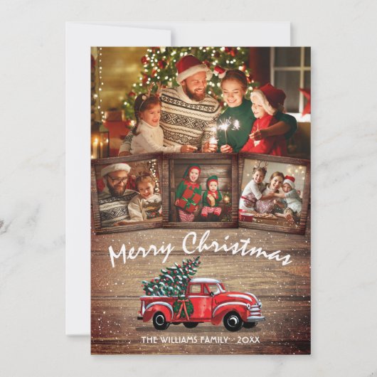 素朴クリスマスヴィンテージレッドトラック4家族の写真 シーズンカード (正面)