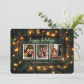 素朴クリスマス写真コラージュ松のガーランドライト シーズンカード (スタンド正面)