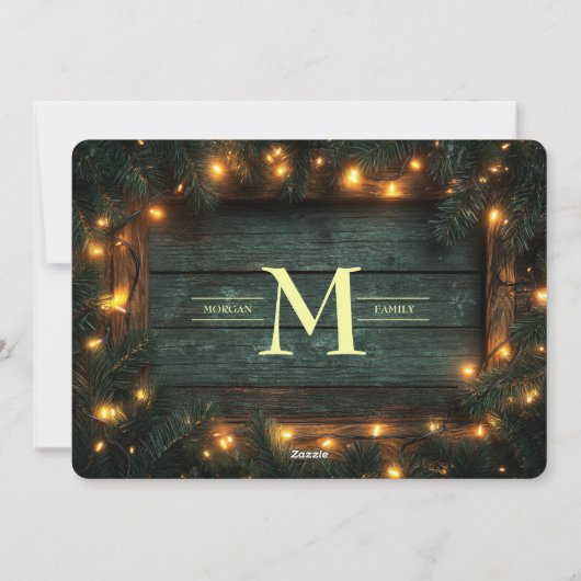 素朴クリスマス写真コラージュ松のガーランドライト シーズンカード (裏面)