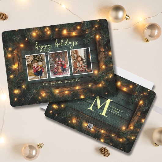 素朴クリスマス写真コラージュ松のガーランドライト シーズンカード