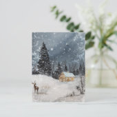 素朴クリスマス冬の夜の雪のキャビン鹿 シーズンポストカード (スタンド正面)