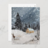 素朴クリスマス冬の夜の雪のキャビン鹿 シーズンポストカード (正面/裏面)