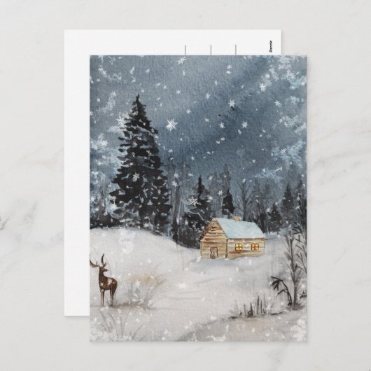 素朴クリスマス冬の夜の雪のキャビン鹿 シーズンポストカード (正面/裏面)