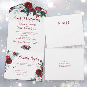 素朴クリスマス冬の赤フローラ結婚式RSVP オールインワン招待状