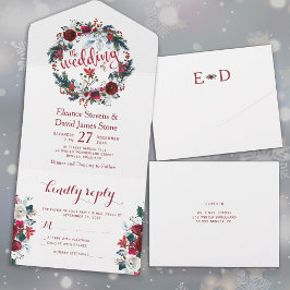 素朴クリスマス冬フローラリース結婚式RSVP オールインワン招待状