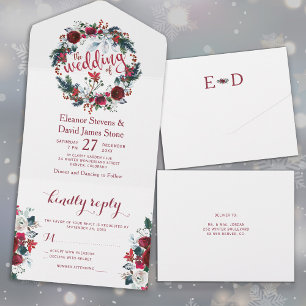素朴クリスマス冬フローラリース結婚式RSVP オールインワン招待状