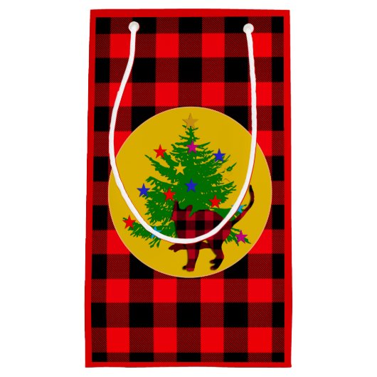 素朴クリスマス猫、木と赤いバッファローのプレイド スモールペーパーバッグ (正面)