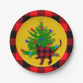 素朴クリスマス猫、木と赤いバッファローのプレイド ペーパープレート (正面)