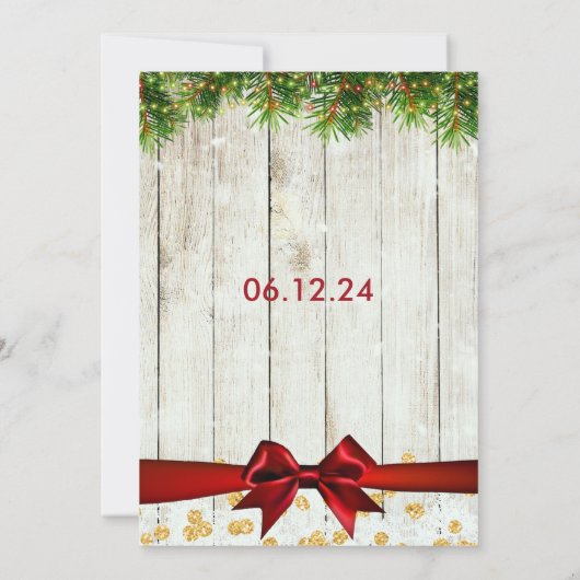 素朴クリスマス結婚のツリーリボン金ゴールドグリッター 招待状 (裏面)