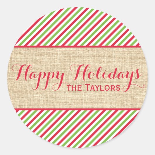 素朴クリスマス赤い緑のストライプラベル ラウンドシール (正面)