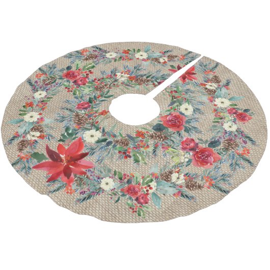 素朴クリスマス赤ポインセチア水の色の黄褐色 ブラッシュドポリエステルツリースカート (アングル)