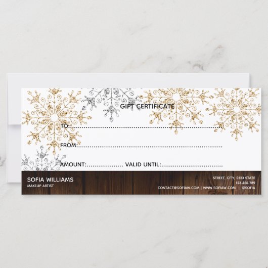 素朴クリスマス金ゴールド雪証明書ギフトカード (裏面)