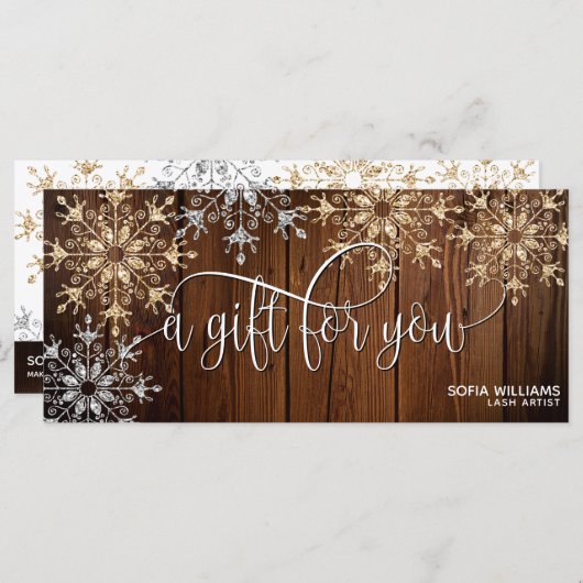 素朴クリスマス金ゴールド雪証明書ギフトカード (正面/裏面)