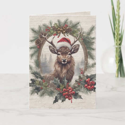 素朴クリスマス鹿〔雄ジカの〕枝角リース家族の写真 サンキューカード (正面)